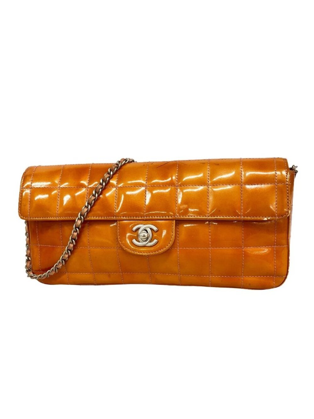 Chanel Shoulder Bag Choco Bar Patent Leather Orange Silver